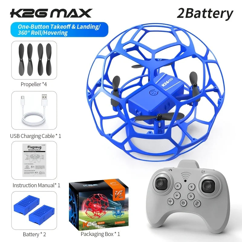 Football remote control drone with spherical protective cover, impact-resistant, drop-resistant, easy to play, tumbling, one-button takeoff, suitable for indoor/outdoor use, a great gift for football events.