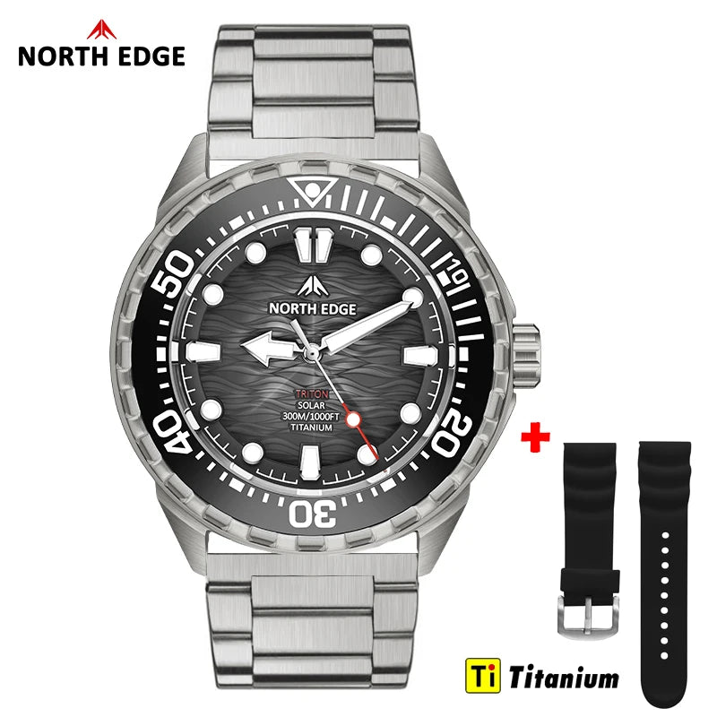 NORTH EDGE 2026  TRITON-TI Titanium Solar-Powered Men's Diving Swimming Watch Waterproof 300M Luxucy Quartz Watches For Men