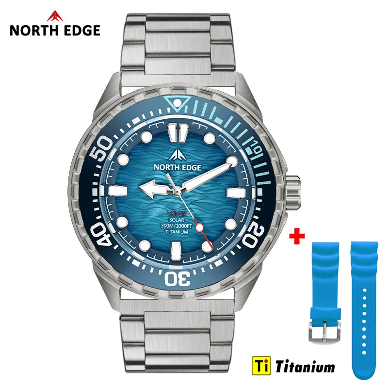 NORTH EDGE 2026  TRITON-TI Titanium Solar-Powered Men's Diving Swimming Watch Waterproof 300M Luxucy Quartz Watches For Men