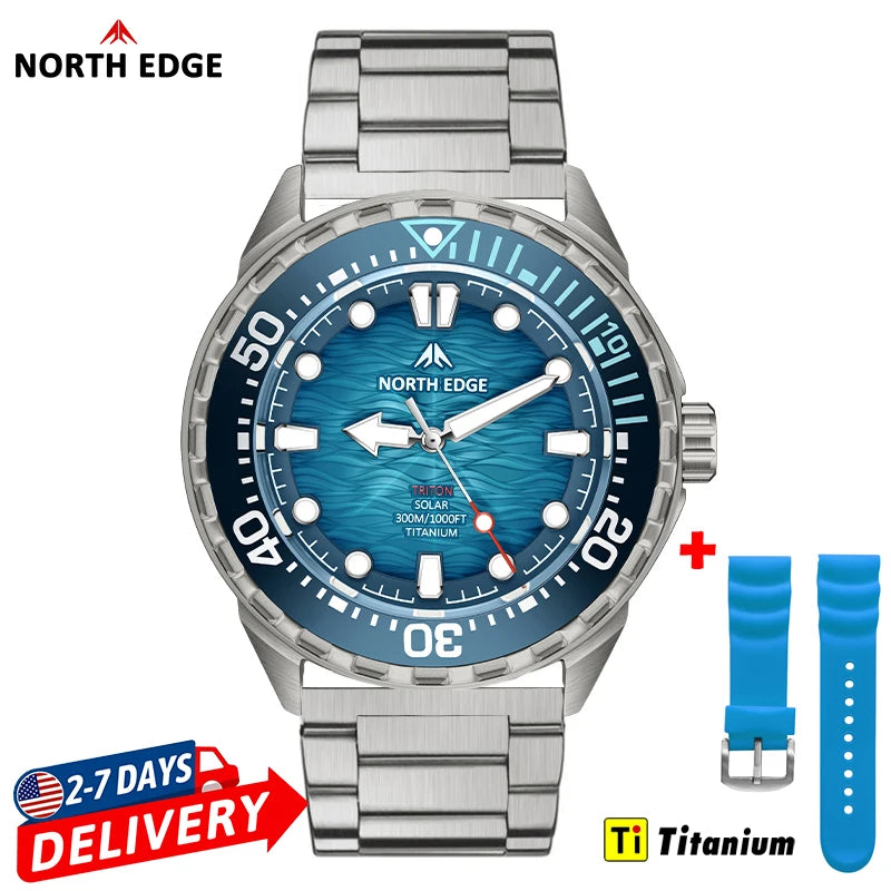 NORTH EDGE 2026  TRITON-TI Titanium Solar-Powered Men's Diving Swimming Watch Waterproof 300M Luxucy Quartz Watches For Men