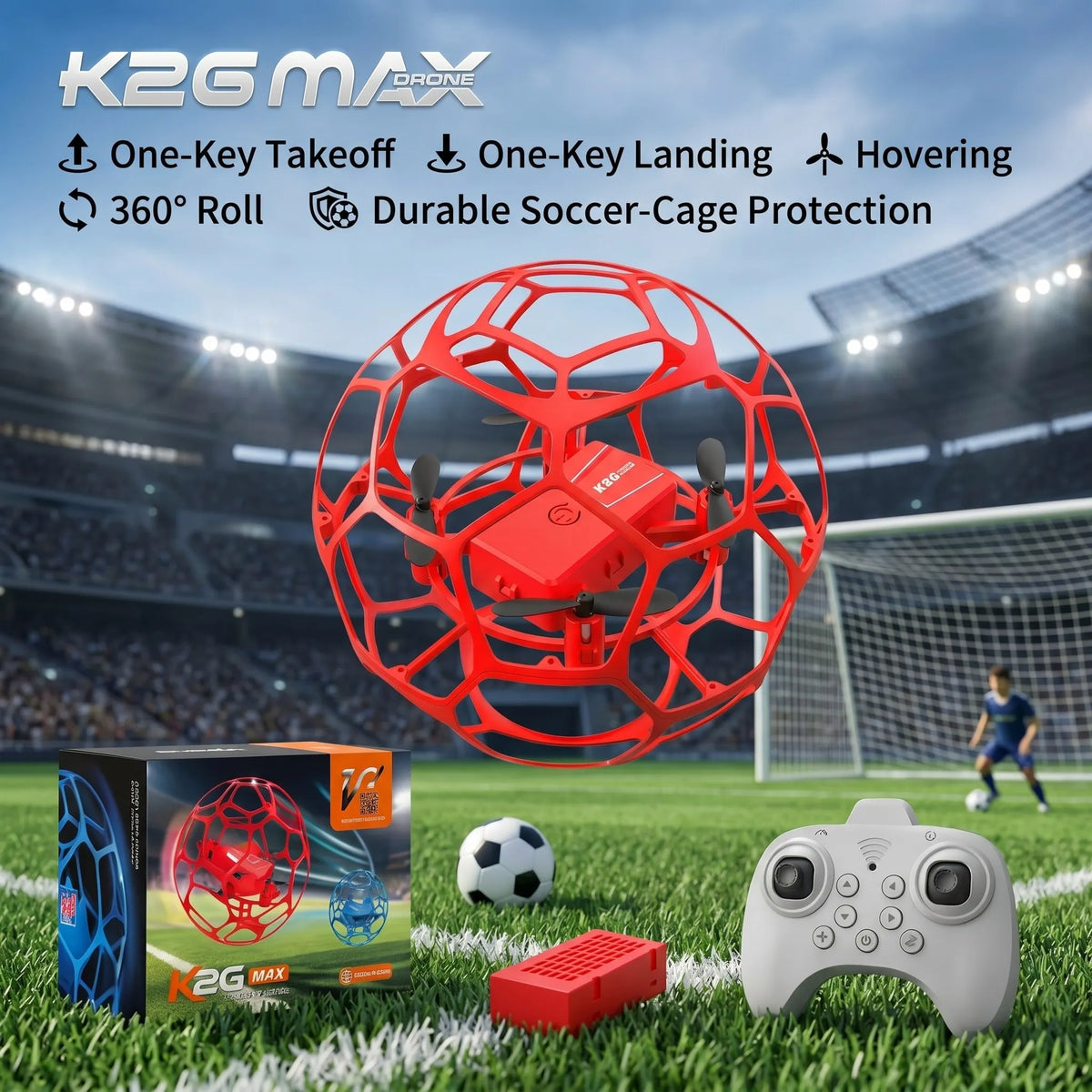 Football remote control drone with spherical protective cover, impact-resistant, drop-resistant, easy to play, tumbling, one-button takeoff, suitable for indoor/outdoor use, a great gift for football events.