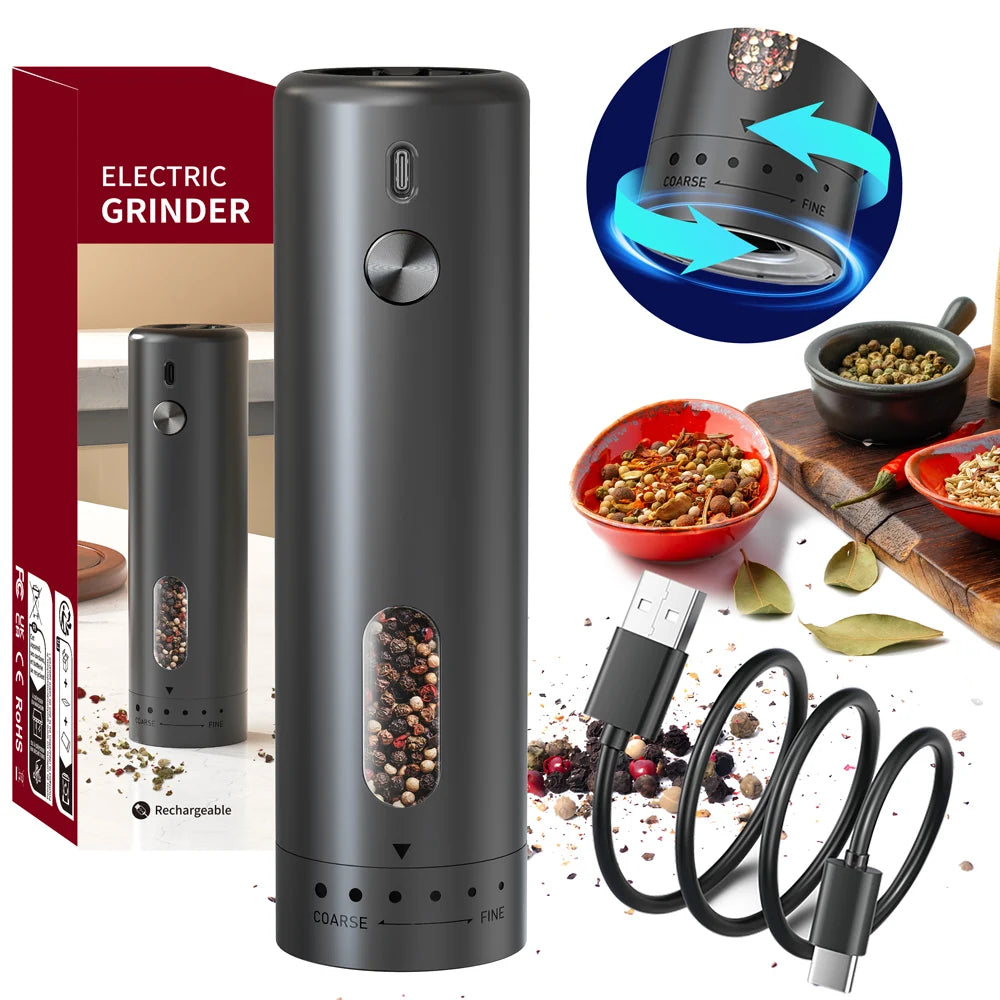 1pc/2pcs MINI USB Rechargeable Automatic Pepper Grinder Adjustable Coarseness Salt And Pepper Mill for Kitchen Spice Grinder