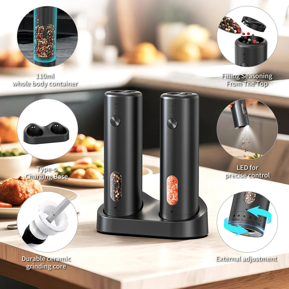 1pc/2pcs MINI USB Rechargeable Automatic Pepper Grinder Adjustable Coarseness Salt And Pepper Mill for Kitchen Spice Grinder